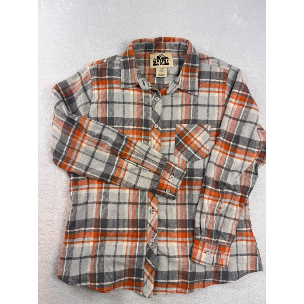 Old Mill Women Orange Grey Plaid Flannel Shirt Long Sleeve Cotton Button Down L